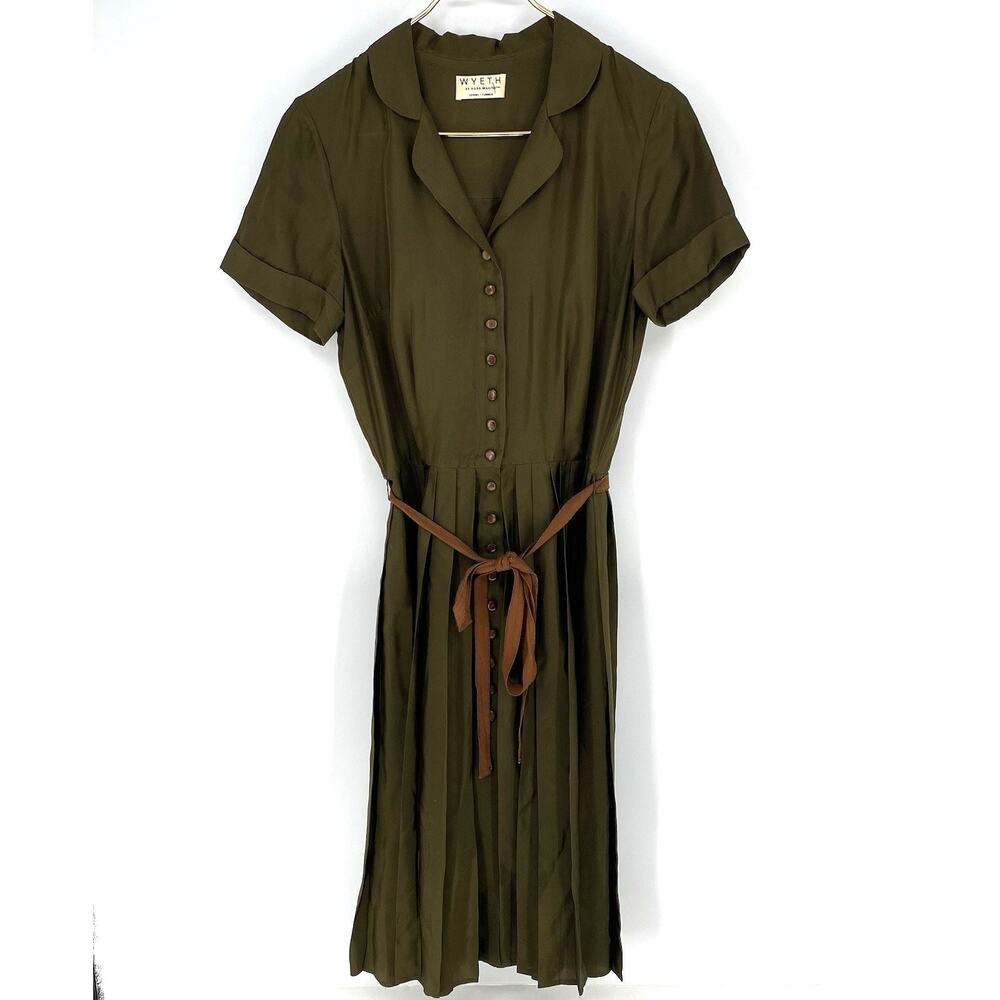 Wyeth by Todd Magill Green Silk Pleated Midi Dress Belted Women’s Medium